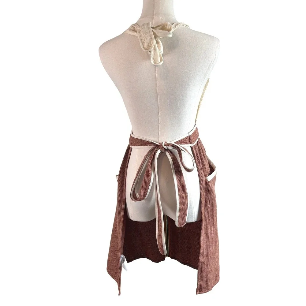 NWOT Sur La Table 100%‎ Cotton Retro Tweed Eyelet Apron Rust Cream Herringbone